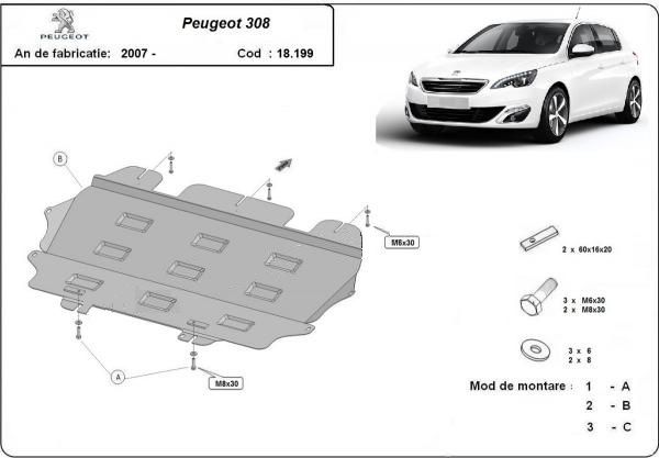 Scut motor metalic pentru Peugeot 308 2008-2017 - otel 2mm