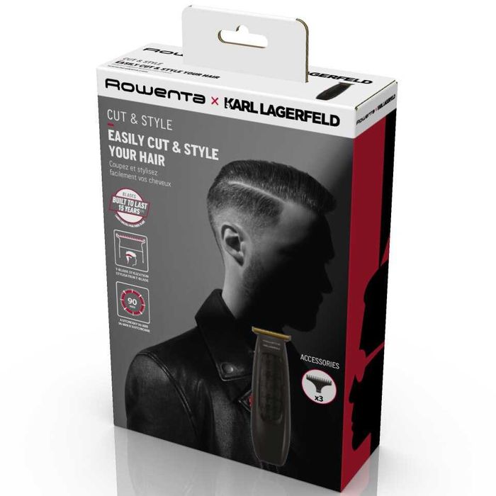 Aparat de tuns Rowenta x Karl Lagerfeld Cut & Style TN182LF0, 6500 rpm, 3 piepteni, perie curatare si ulei lubrifiant incluse, lame din inox, etc