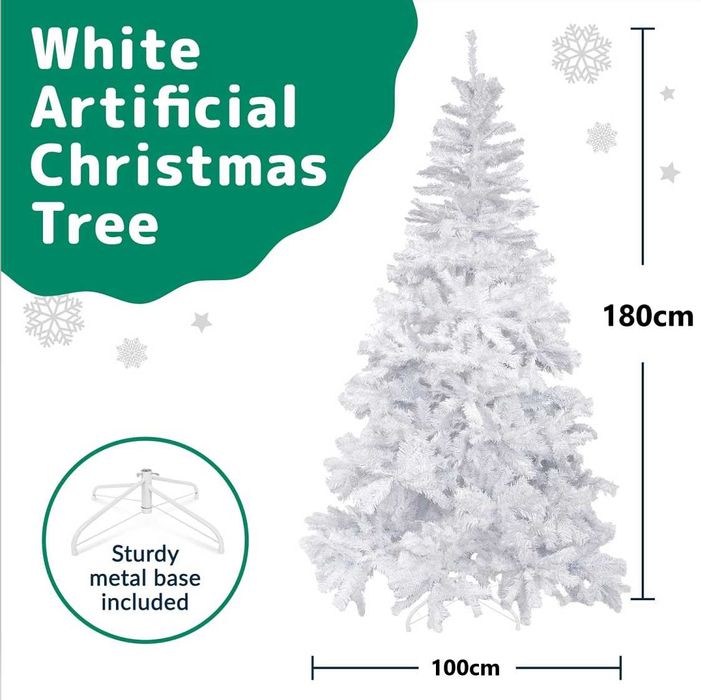 Brad de Craciun Artificial Alb, PRETEX,180 cm,Suport Inclus,1200ramuri