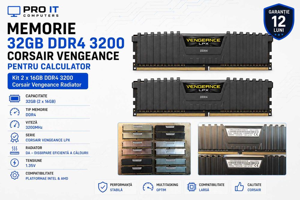Memorii 16gb, 32gb DDR4 3200 Corsair, Kit 2 x 16GB DDR4 3200 Corsair Vengeance