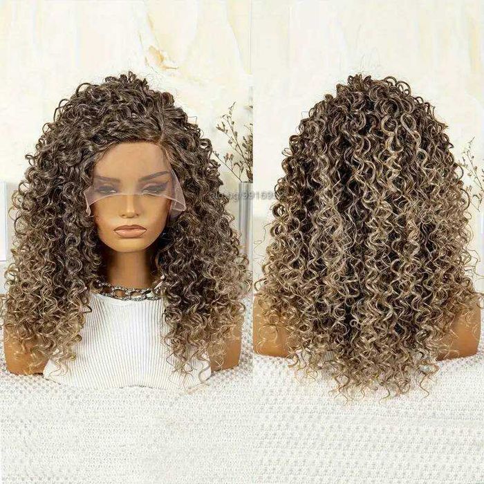 Кафява омбре къдрава перука с руси краища лейс фронт 13*4*1