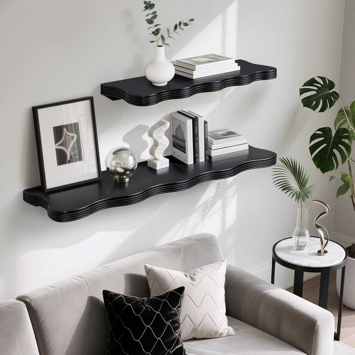 Raft perete suspendat negru 60 cm 90 cm decor ondulat raft lung pentru carti plante baie living
