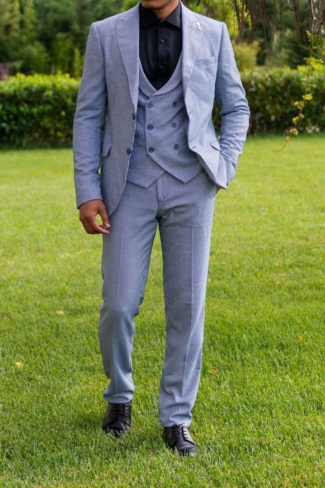 Costum albastru carouri vesta,sacou și pantaloni