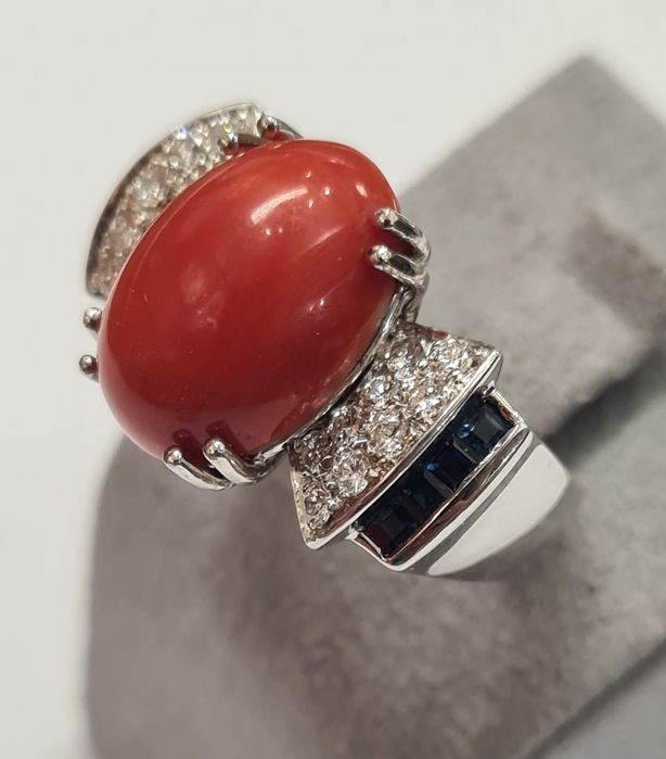 Inel din aur alb 18k, cu coral, diamante si safire naturale, IAU849