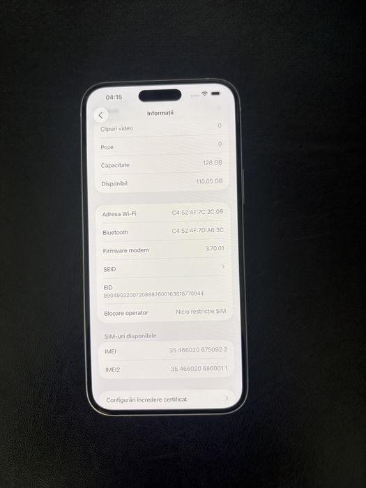 Iphone 15 plus cu sanatate baterie de 92%