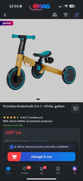 Tricicleta Kinderkraft 3 in 1 - 4Trike, galben
