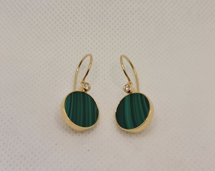 Cercei aur 14k diamante malachit natural