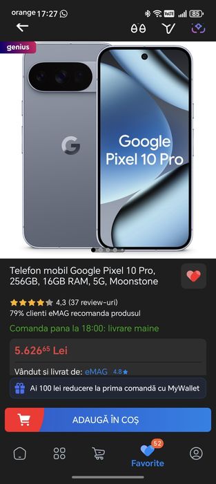 Google Pixel 10 Pro, 256GB, 16GB RAM, 5G, Moonstone, Garanție 12 luni