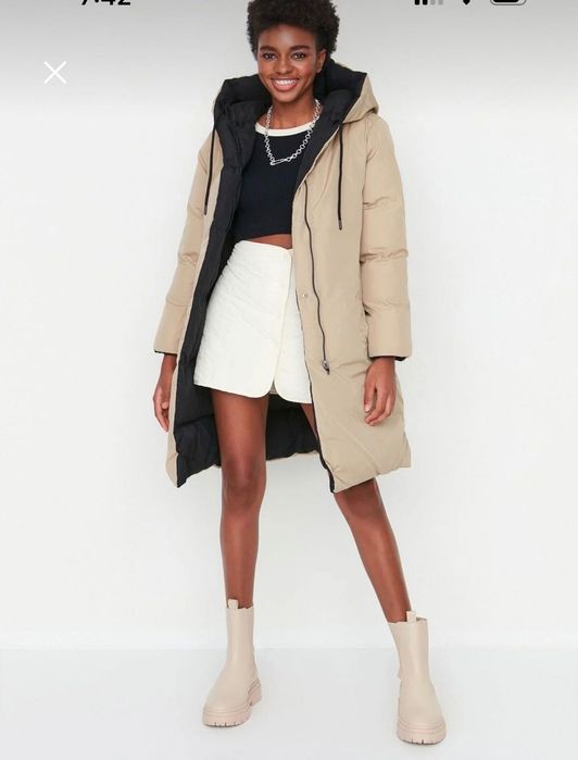Двулицево зимно дълго яке – черно и бежово