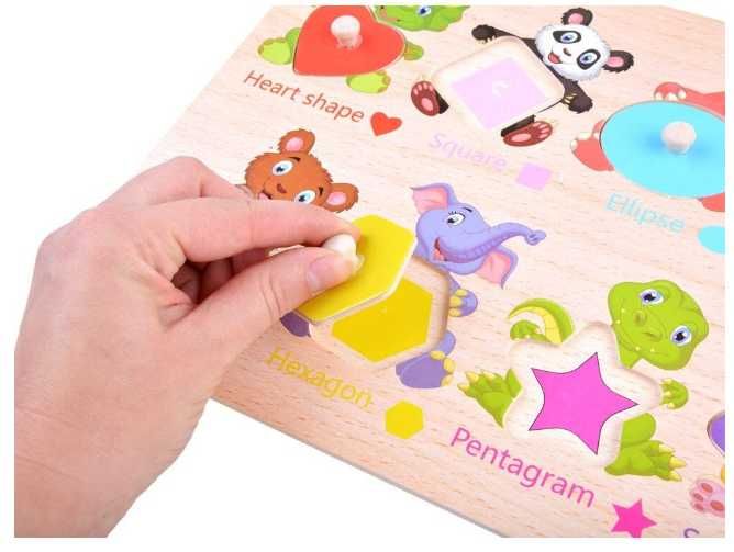 Puzzle educational din lemn cu animale si forme geometrice