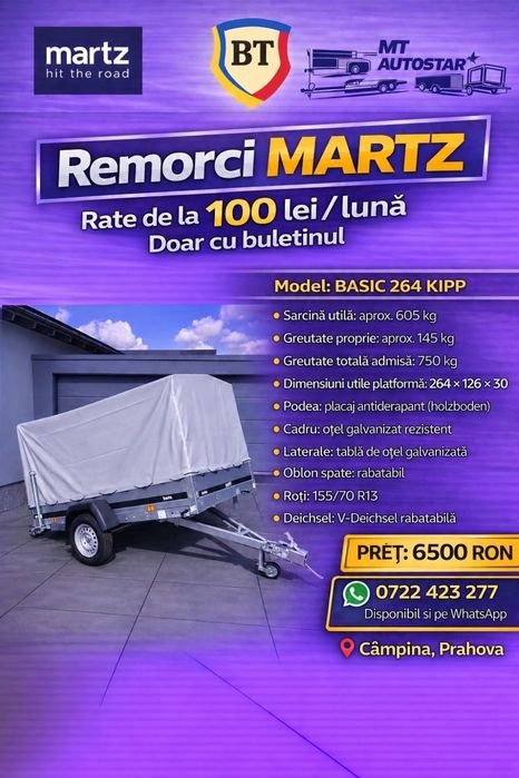 Remorca Martz Basic 200/106cm Schelet galvanizat Prelata Basculabila cu RAR