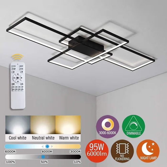 LED таванно осветление 110×65 см невисящо димируемо, черни правоъгълници от алуминий, дистанционно управление,, модерна  дизайнерска лампа плафон