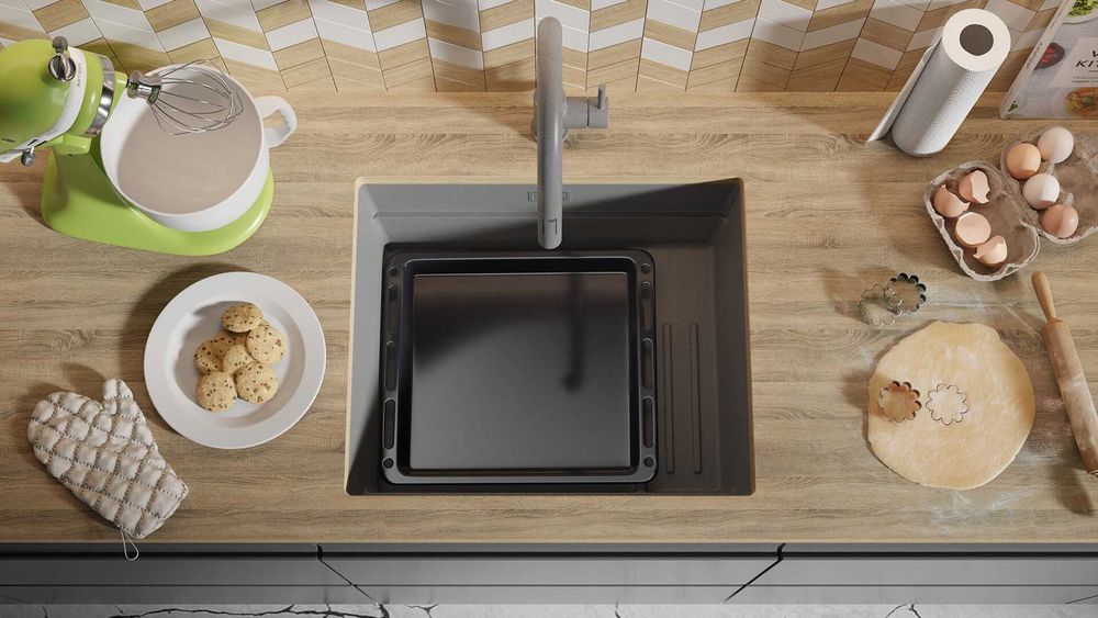 Сив гранитна мивка за вграждане под плот Прага 60 Level 560 x 470 мм