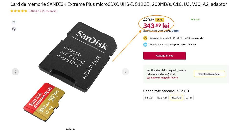 Card Memorie SanDisk Extreme PLUS microSDXC 512GB UHS-I (Super Ofertă)
