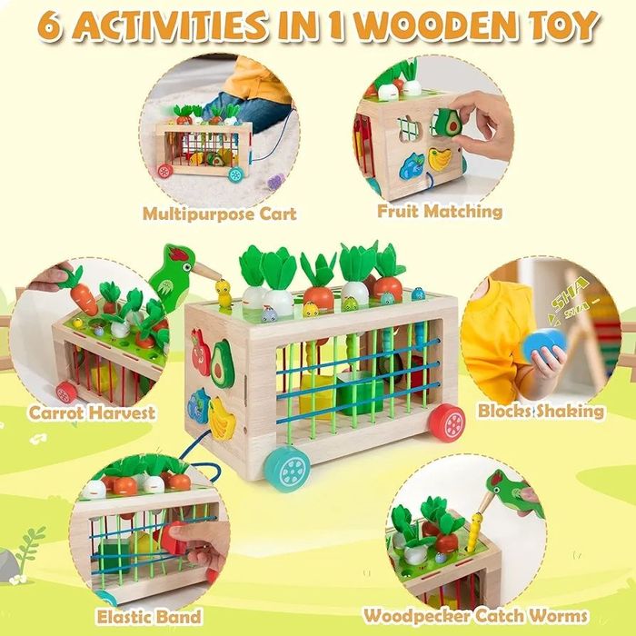 Дървена играчка куфар Монтесори 6в1 за двигателни и сензорни умения