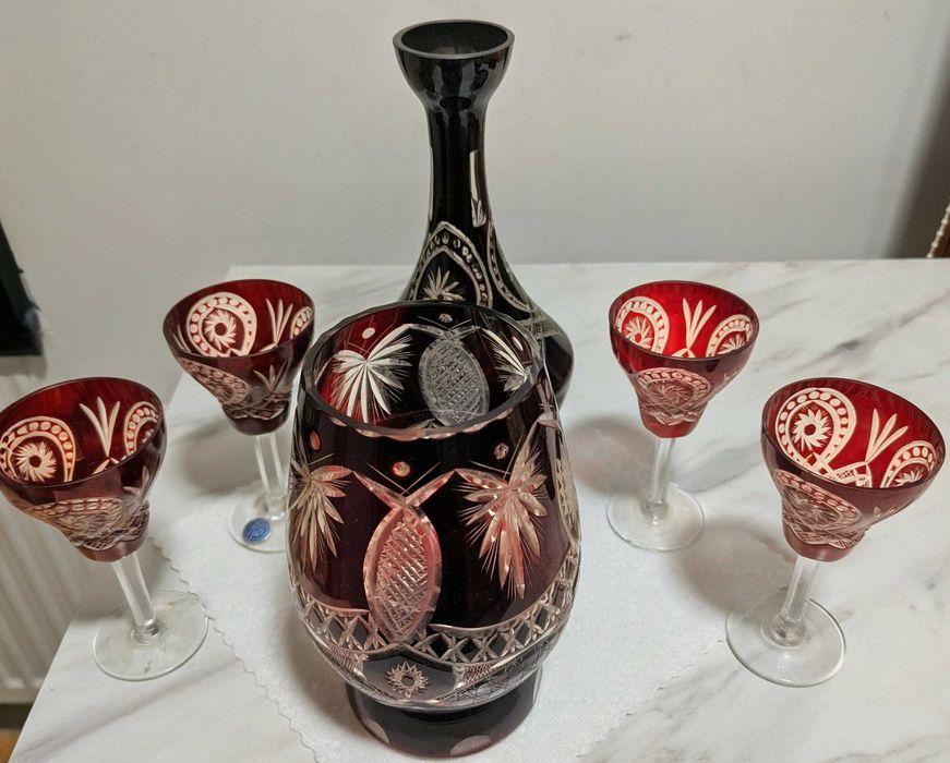 Serviciu cristal rubin BUZĂU PERLA LUX –carafă +dop sticla+cupă+pahare