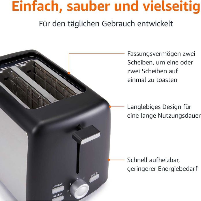 Тостер за 2 филии Amazon Basics със 7 нива на препичане 800 W