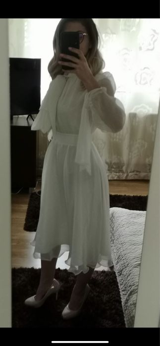 Rochie cununie -albă midi, mătase naturală, mărime S