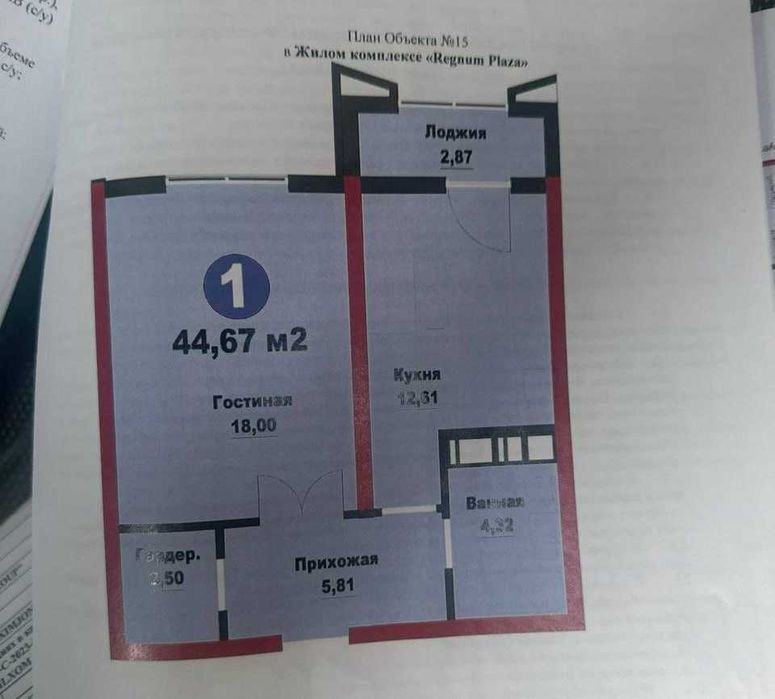 СРОЧНО! Regnum Plaza 1 комнатная 45м2 без ремонта, вид во двор!