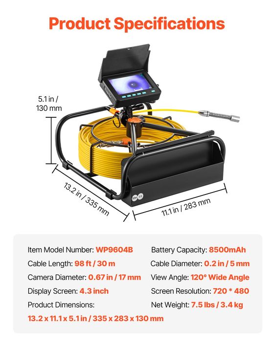 Camera Inspectie Canalizare 30m Zoom 3X Baterie 8500mAh IP68