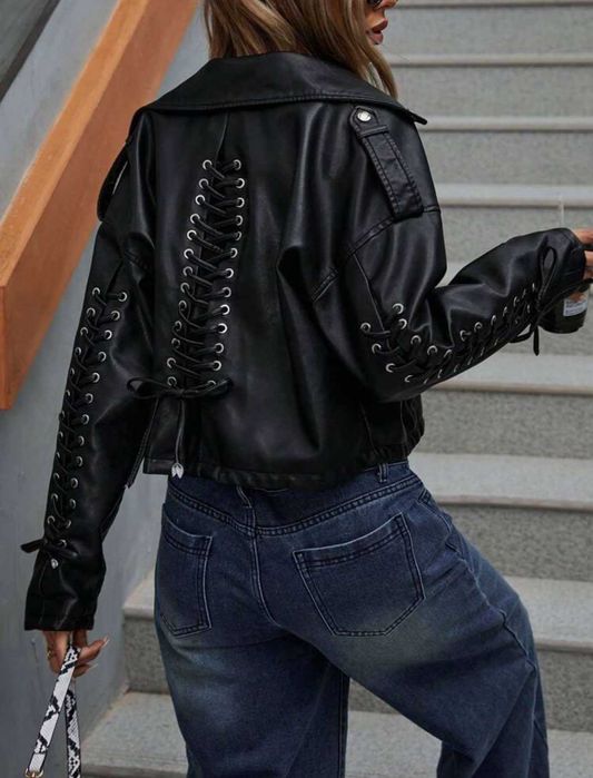 Кожено яке с панделки черно