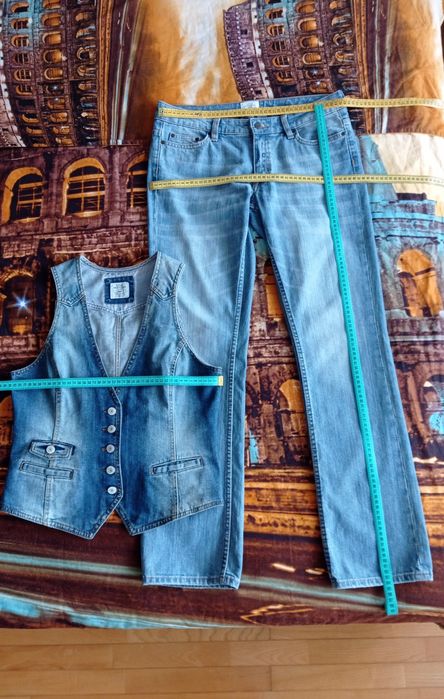 Сет от дамско елече и панталон от памучен деним, с подарък  шал