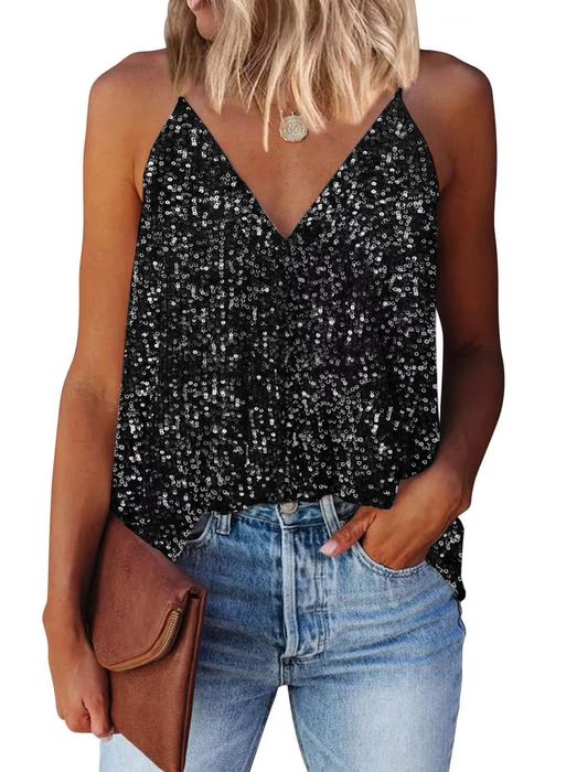 Top Femei Strălucitor cu Paiete Decolteu în V – mărimea S