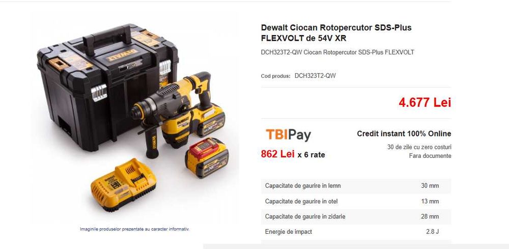 Dewalt Ciocan Rotopercutor SDS-Plus FLEXVOLT de 54V XR DCH323