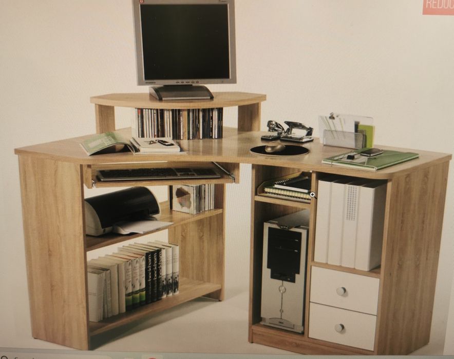 Birou colț copii, 2 sertare, poliță culisantă, culoare albă.