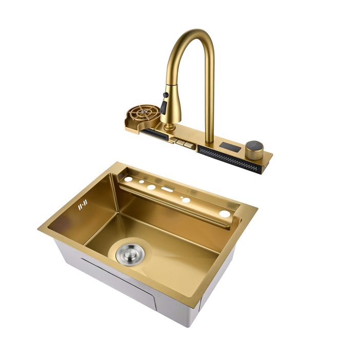 60см Златна мултифункционална кухненска мивка с двоен водопад