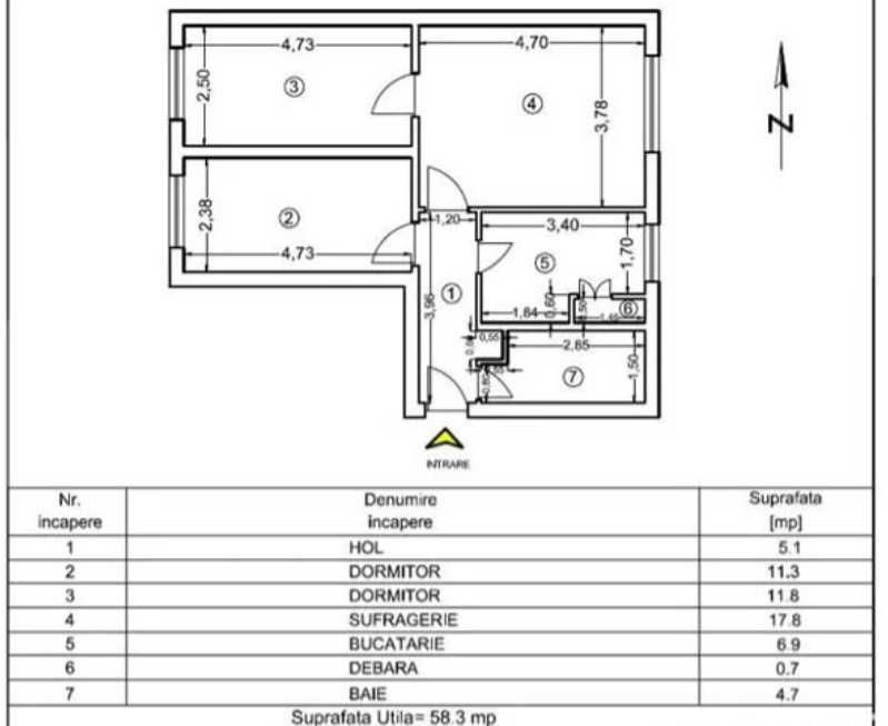 Apartament 3 camere, parter, 58 mp, central, zona fostei poste