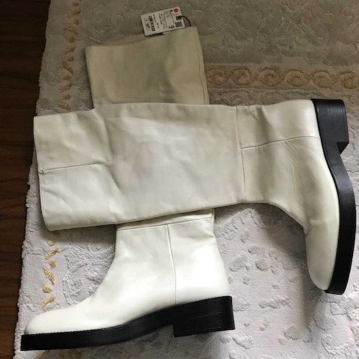ZARA NEW Cizme înalte flats albă 100% piele pull on ridding