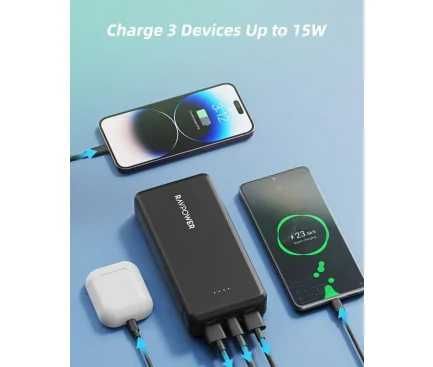 Power Bank 20000mAh 15W 2x USB-A 1x USB-C Neagra baterie externa