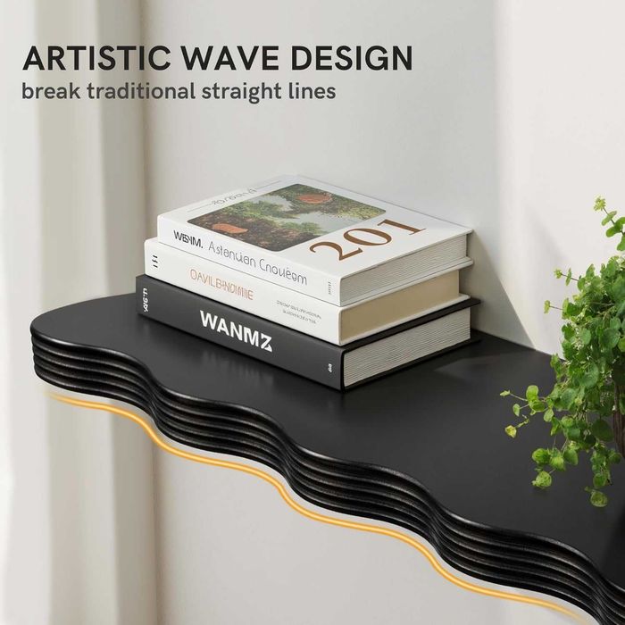 Raft perete suspendat negru 60 cm 90 cm decor ondulat raft lung pentru carti plante baie living
