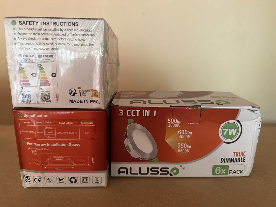 Bec Incastrat Spot LED ALUSSO,7W cu reglaj,pachet 6 buc,clasaF,67-75mm,dimabil,3 CCT IP44 3000K 4000K 6500K