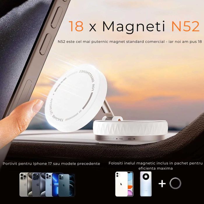 Suport magnetic cu prindere vacuum - ultra rezistent - alb