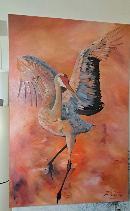 Картина маслом "Цапля в оранжевом"