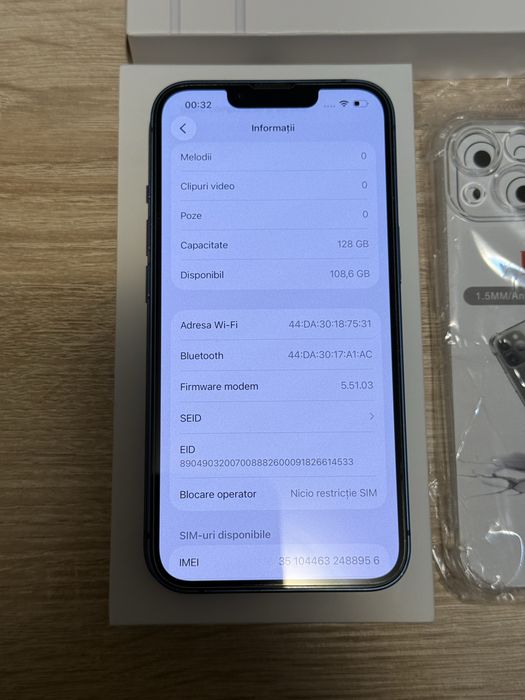 iPhone 13 128GB Blue Baterie Nouă 100% + Încărcător Fast + Husă
