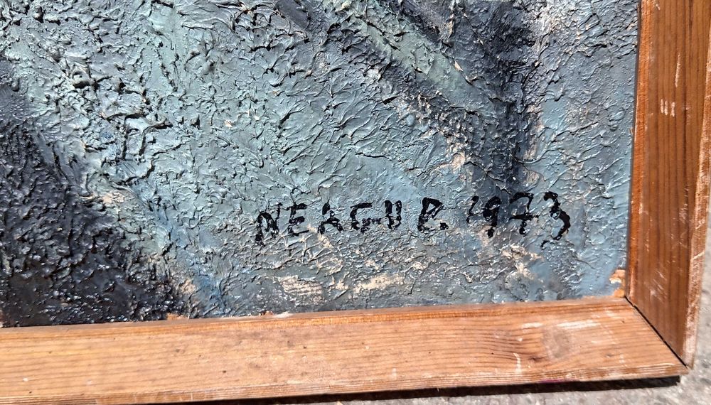 Tablou vechi - masinaria timpului - semnat si datat Neagu P. 1973