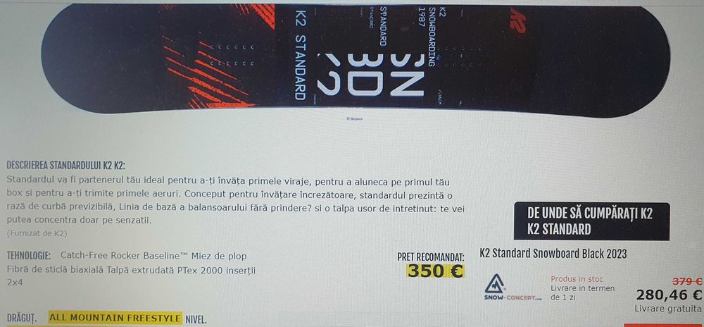 Placa snowboard K2 STANDARD noua  +  Legaturi snowboard K2 SONIC noi