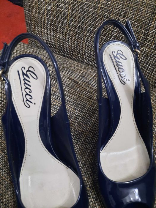 Gucci slingback peep-toe navy heels