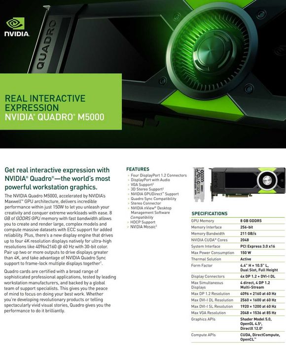 Видео карта GPU NVIDIA Quadro M5000 8GB GDDR5 256bit 4 x DisplayPort DVI