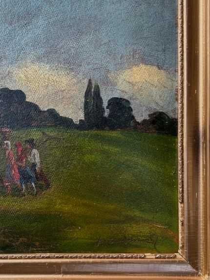 ”Țărani pe deal” Tablou AUTENTIC VECHI sem în pastă, ulei/cart 60x50+R