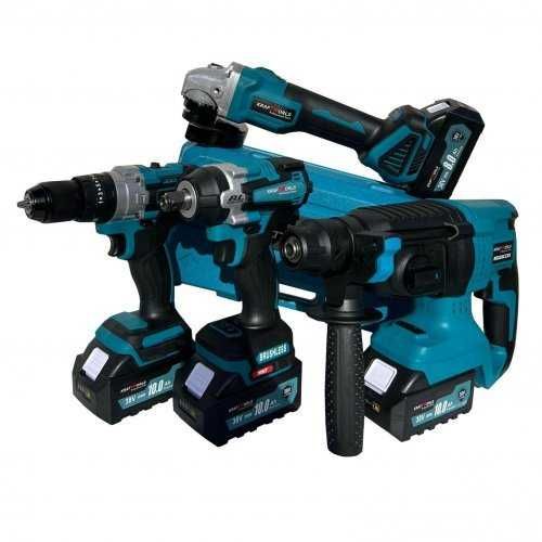 Комплект от акумулаторен перфоратор, ъглошлайф, гайковерт и винтоверт