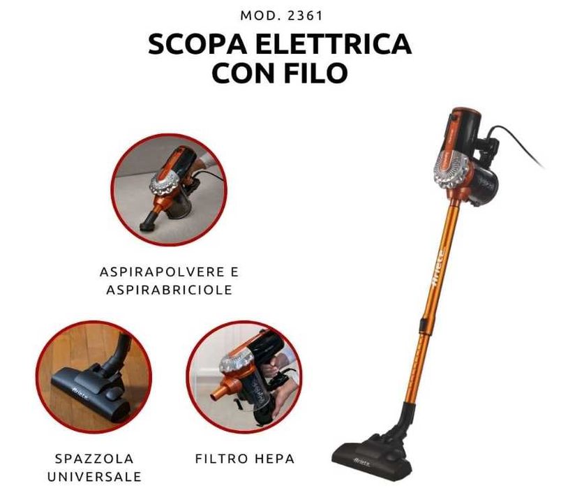 Aspirator Vertical cu Fir Ariete Mod. 2361 2 în 1 Aspirabriciole Filtru HEPA