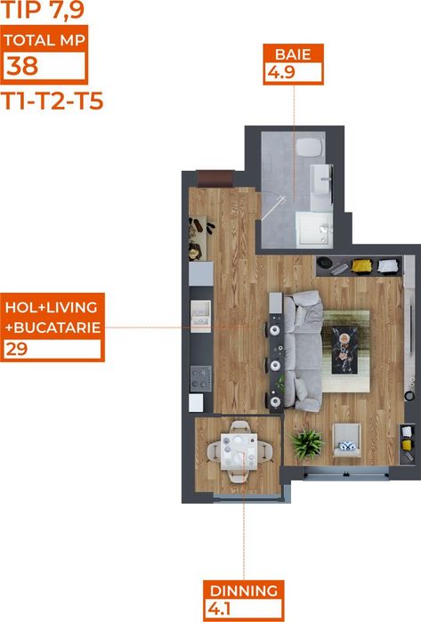 Ap. 1 Cameră - Dezvoltator: Comat Towers, TIP 7, 38mp, Păcurari