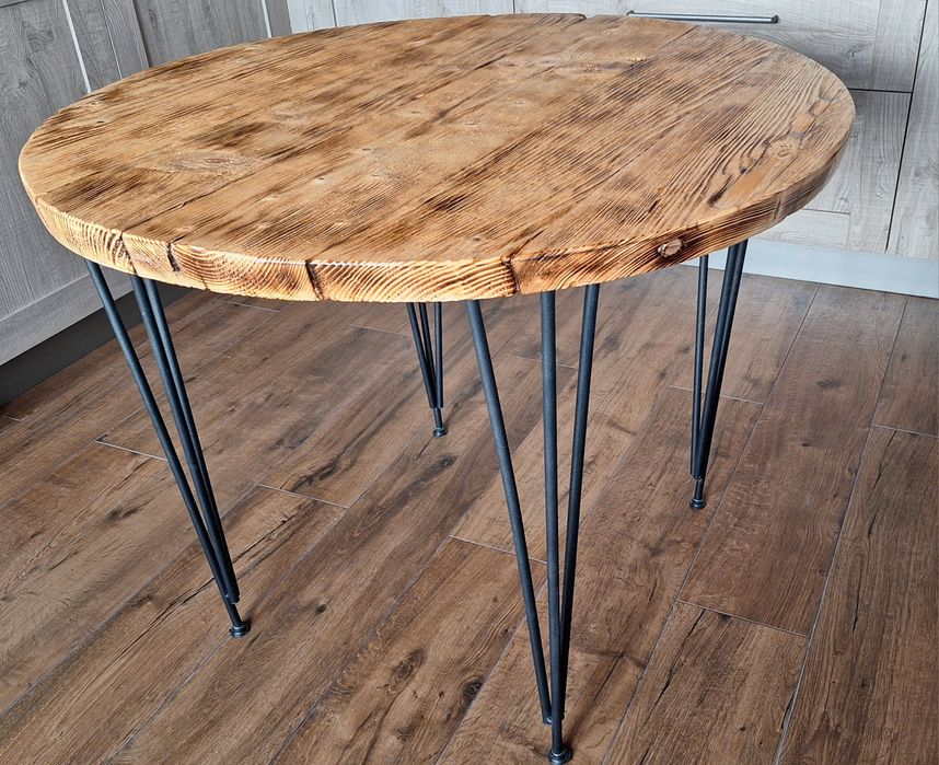 Masă rotundă din lemn masiv, stil industrial-rustic