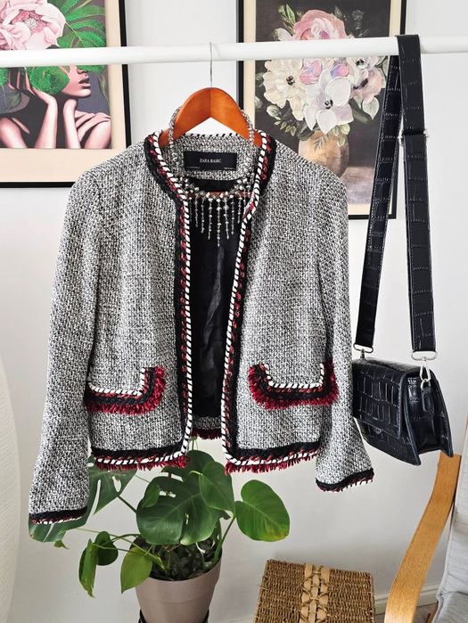 Sacou ZARA - Tweed, XS Alb/Negru cu franjuri roșii