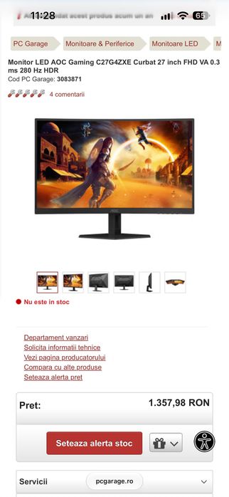 Monitor Gaming AOC, Curbat, 27", VA, FHD, 280Hz, 1ms, 0.3ms, HDR10, FlickerFree, Boxe 2W x 2, HA, Pivot, HDMI, DisplayPort, USB, hub, C27G4ZXU, Negru