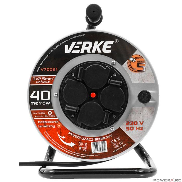 Rola prelungitor cablu cu cadru metalic 40 metri 3 x 2,5 mm Verke